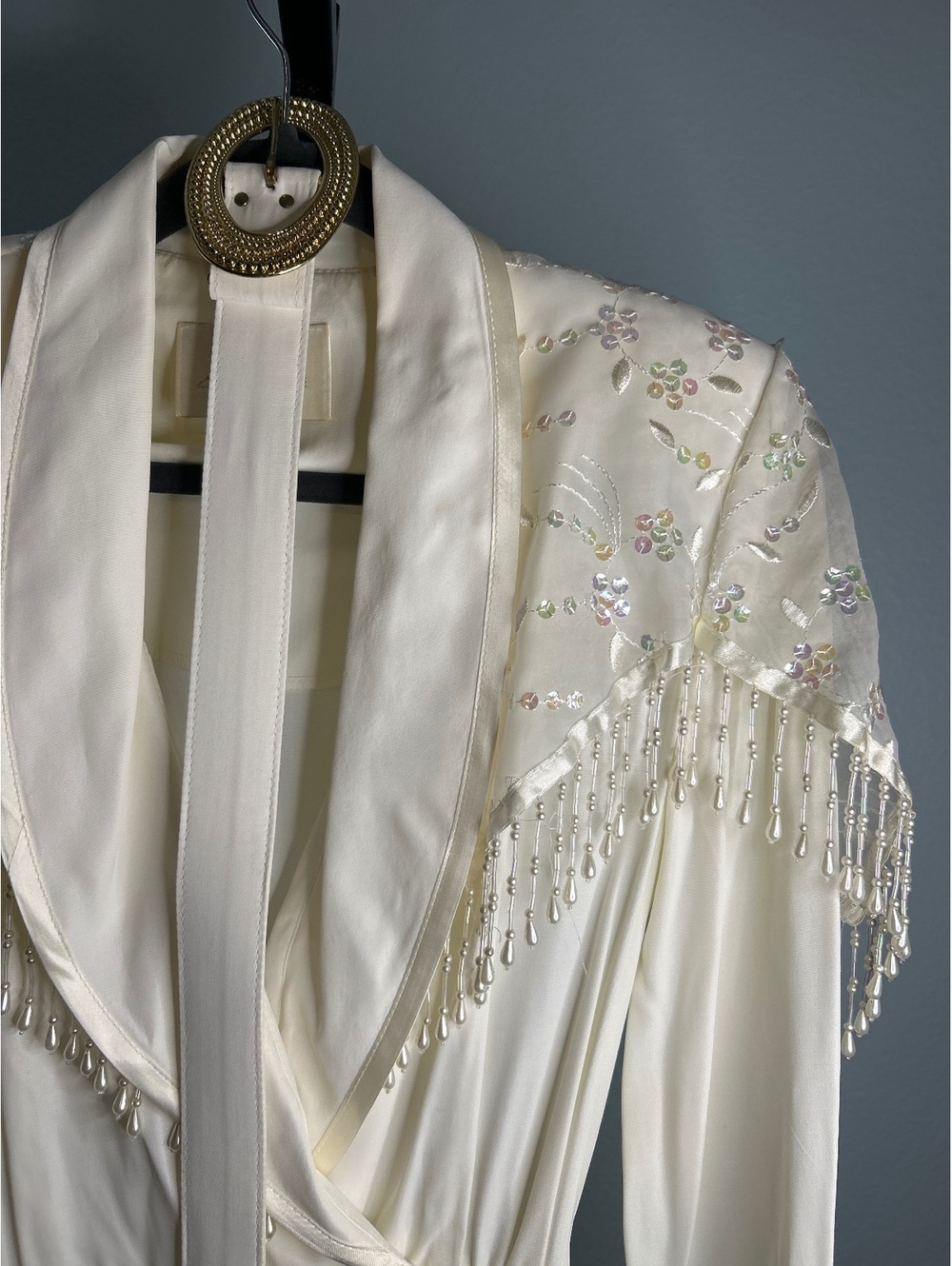 Vintage RM Richards Cream Evening Dress with Beaded Fringe and Embroidery Size 8